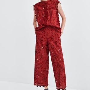NWT Zara Pants Embroidered Red w/ Pom poms Size S